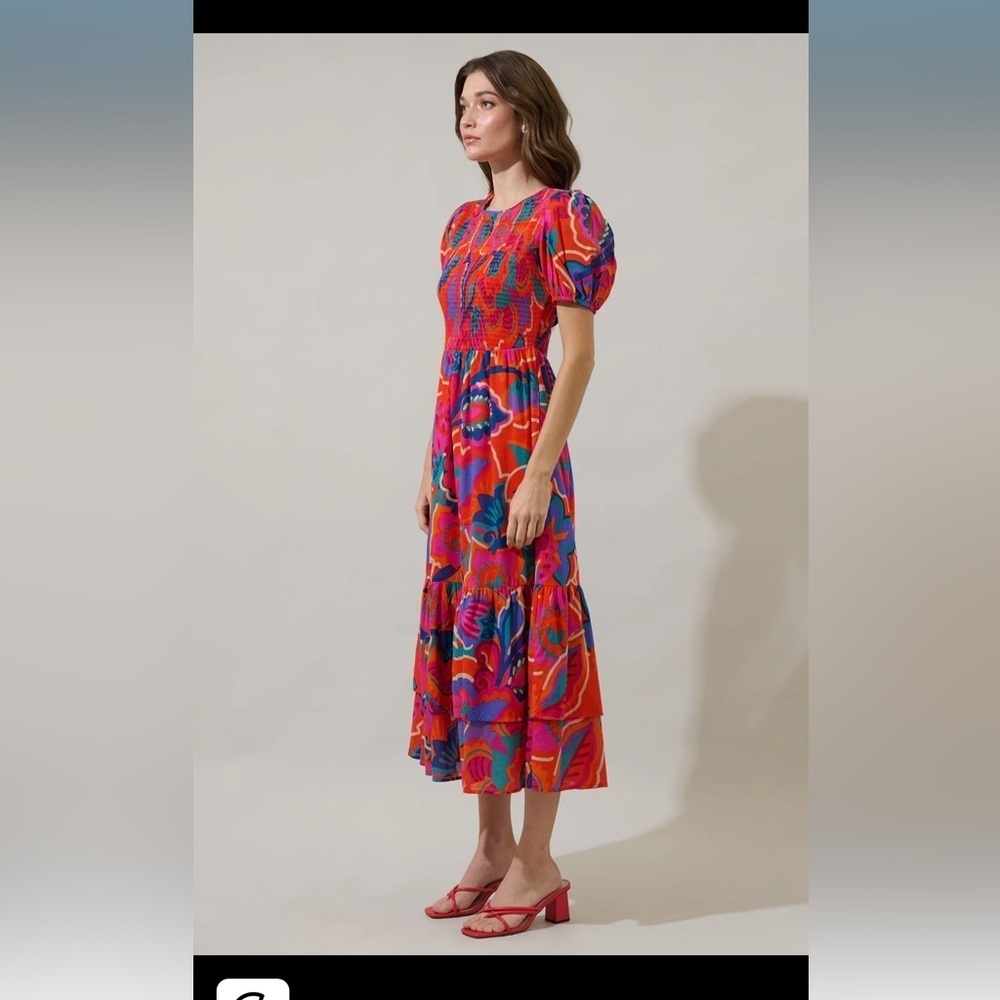SugarLips Kahlia Tropics Aruba Smocked Midi Dress Orange Red Multi - Picture 4 of 7
